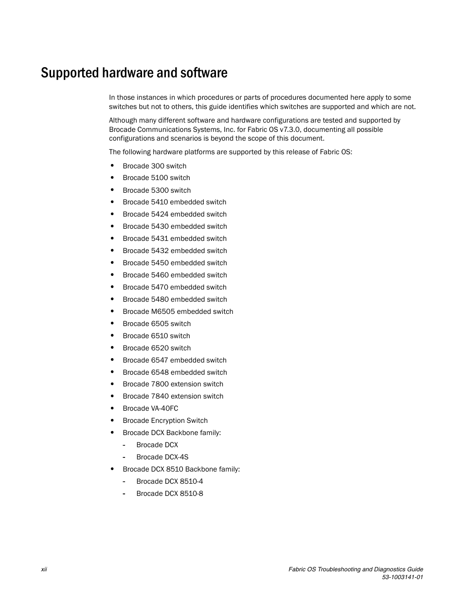 Supported hardware and software | Brocade Fabric OS Troubleshooting and Diagnostics Guide (Supporting Fabric OS v7.3.0) User Manual | Page 12 / 130