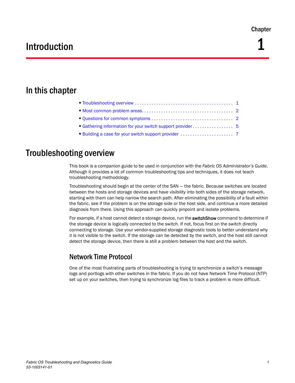 Introduction, Troubleshooting overview, Network time protocol | Chapter 1, Chapter 1, “introduction | Brocade Fabric OS Troubleshooting and Diagnostics Guide (Supporting Fabric OS v7.3.0) User Manual | Page 17 / 130