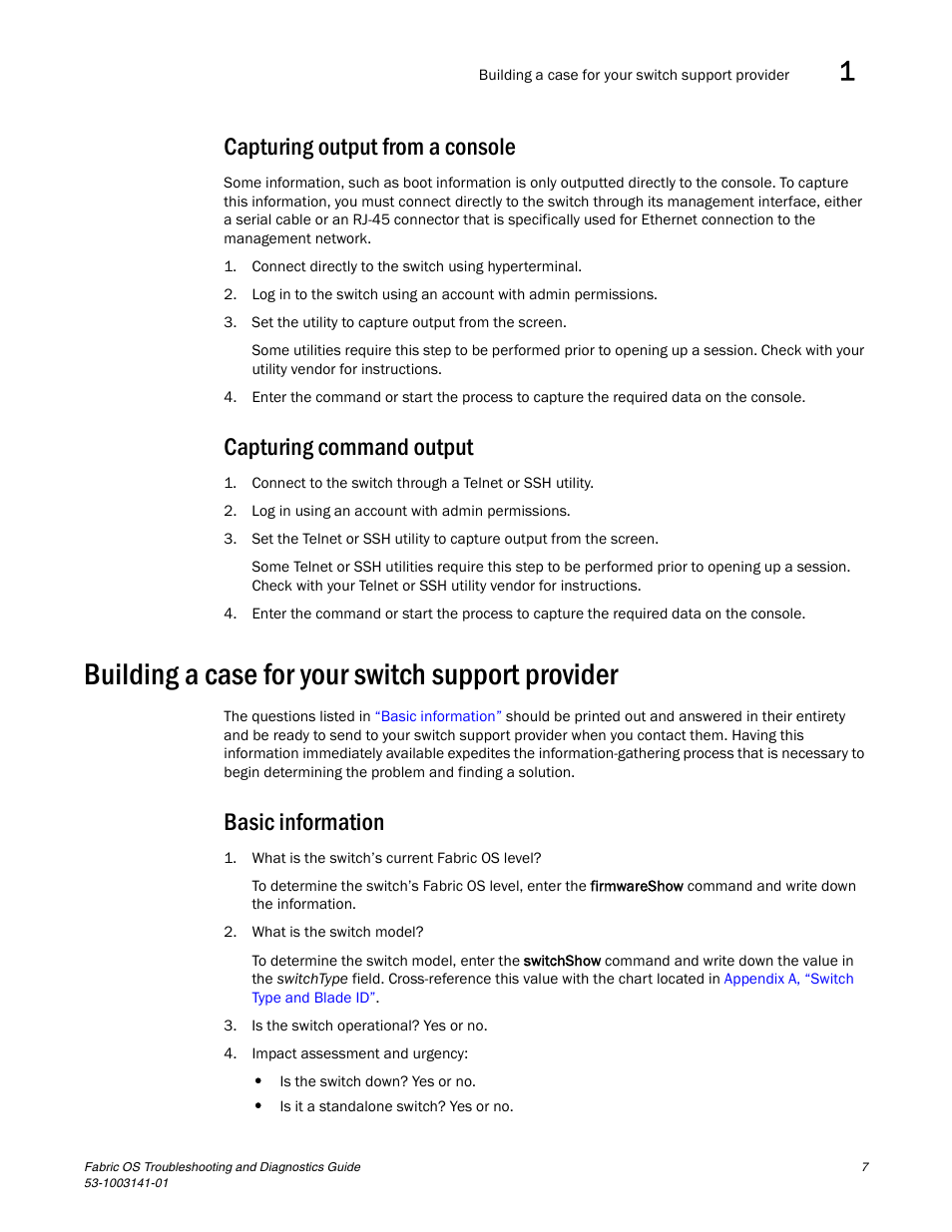 Capturing output from a console, Capturing command output, Building a case for your switch support provider | Basic information | Brocade Fabric OS Troubleshooting and Diagnostics Guide (Supporting Fabric OS v7.3.0) User Manual | Page 23 / 130