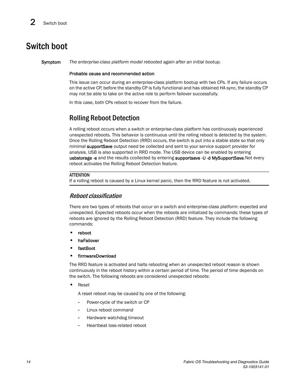 Switch boot, Rolling reboot detection, Reboot classification | Brocade Fabric OS Troubleshooting and Diagnostics Guide (Supporting Fabric OS v7.3.0) User Manual | Page 30 / 130