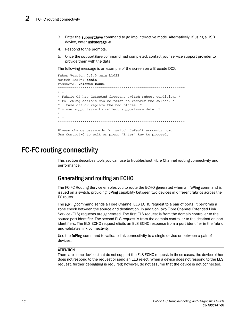 Fc-fc routing connectivity, Generating and routing an echo | Brocade Fabric OS Troubleshooting and Diagnostics Guide (Supporting Fabric OS v7.3.0) User Manual | Page 32 / 130