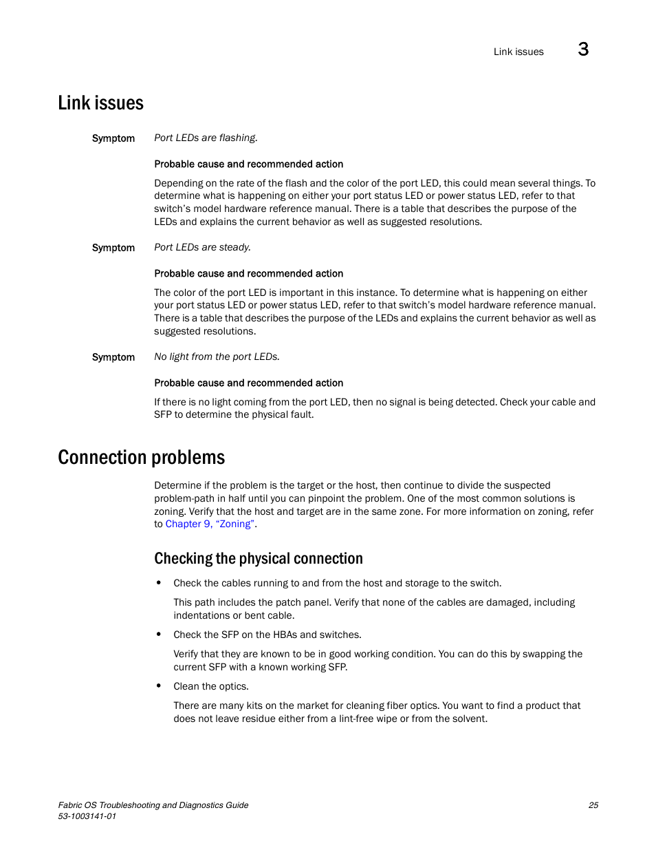 Link issues, Connection problems, Checking the physical connection | Brocade Fabric OS Troubleshooting and Diagnostics Guide (Supporting Fabric OS v7.3.0) User Manual | Page 41 / 130
