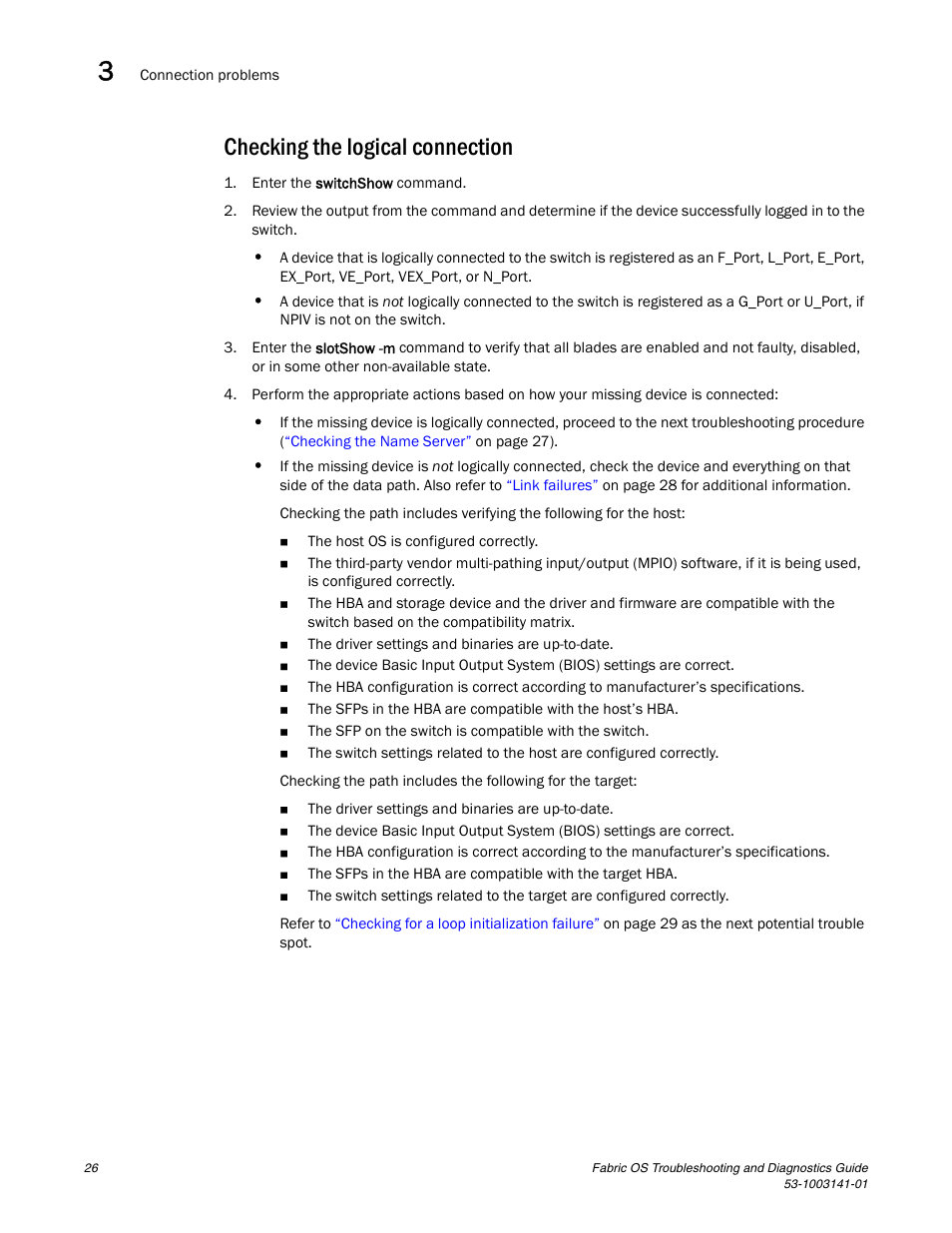 Checking the logical connection | Brocade Fabric OS Troubleshooting and Diagnostics Guide (Supporting Fabric OS v7.3.0) User Manual | Page 42 / 130