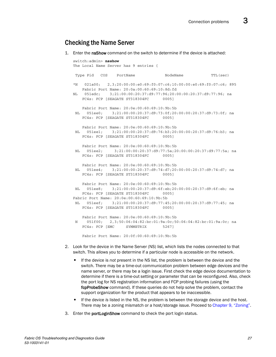Checking the name server | Brocade Fabric OS Troubleshooting and Diagnostics Guide (Supporting Fabric OS v7.3.0) User Manual | Page 43 / 130