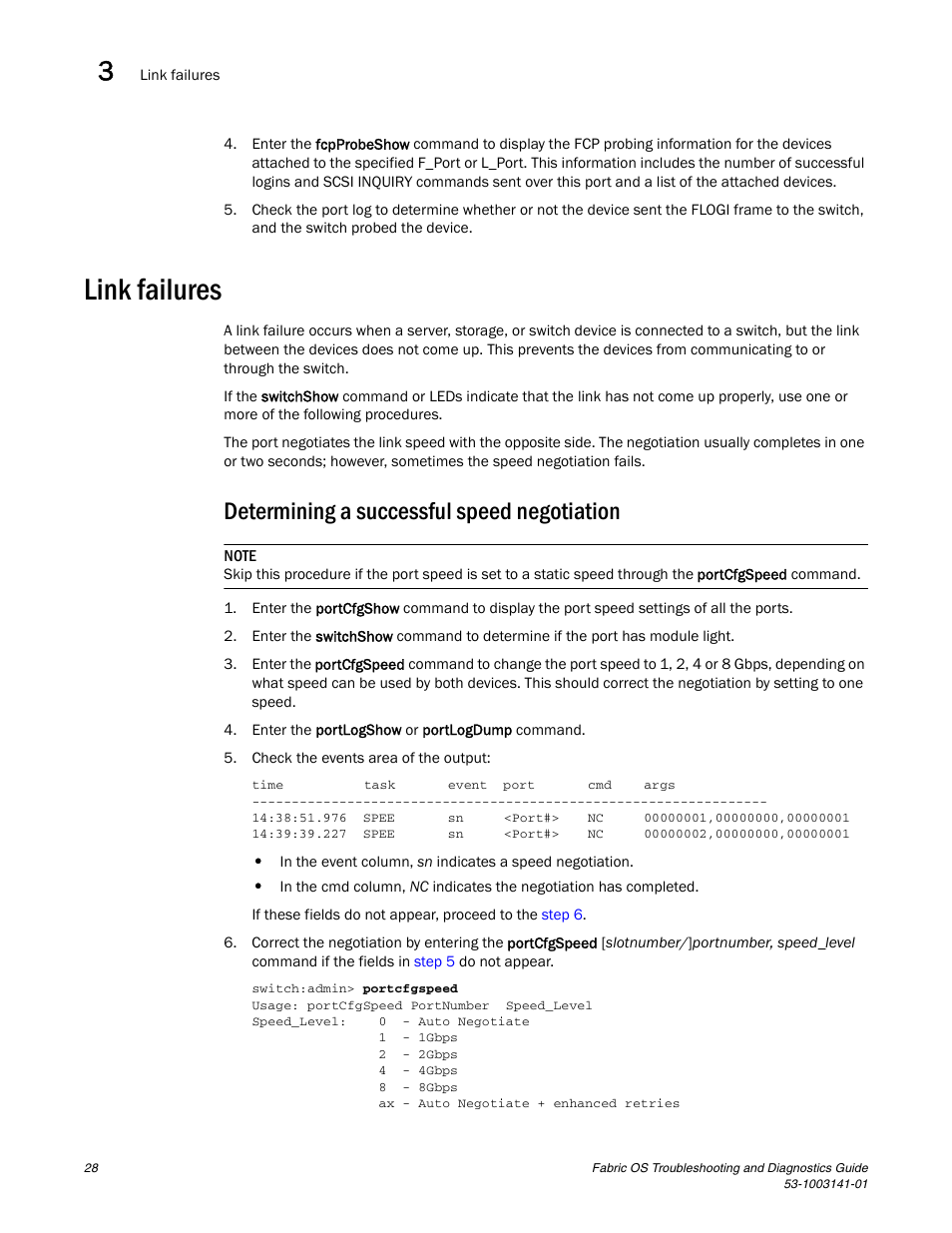 Link failures, Determining a successful speed negotiation | Brocade Fabric OS Troubleshooting and Diagnostics Guide (Supporting Fabric OS v7.3.0) User Manual | Page 44 / 130
