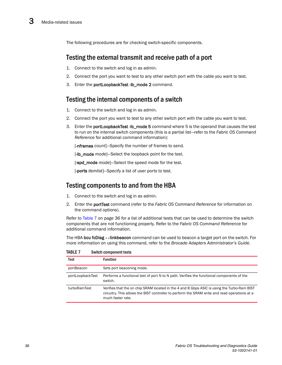 Testing the internal components of a switch, Testing components to and from the hba | Brocade Fabric OS Troubleshooting and Diagnostics Guide (Supporting Fabric OS v7.3.0) User Manual | Page 52 / 130