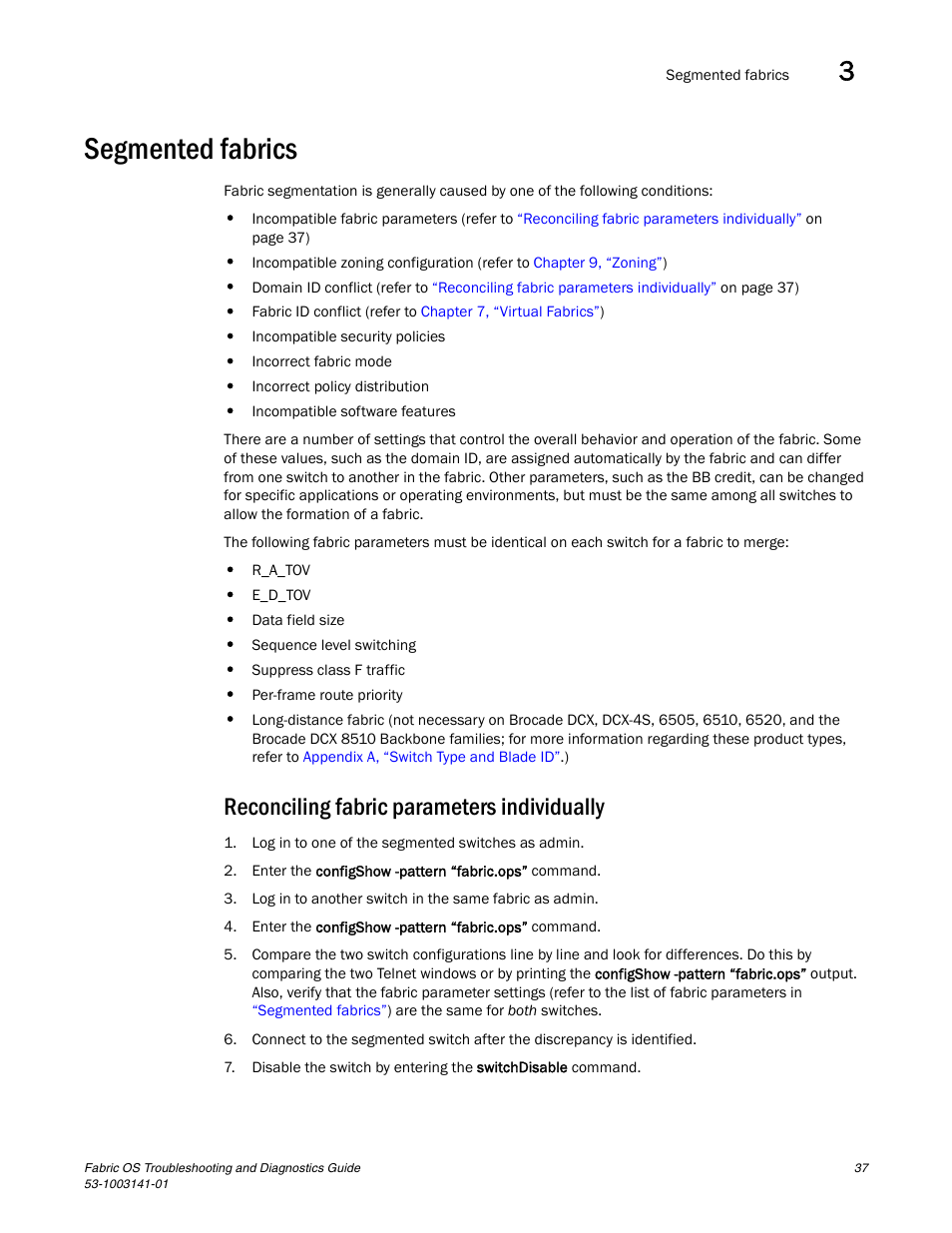 Segmented fabrics, Reconciling fabric parameters individually | Brocade Fabric OS Troubleshooting and Diagnostics Guide (Supporting Fabric OS v7.3.0) User Manual | Page 53 / 130