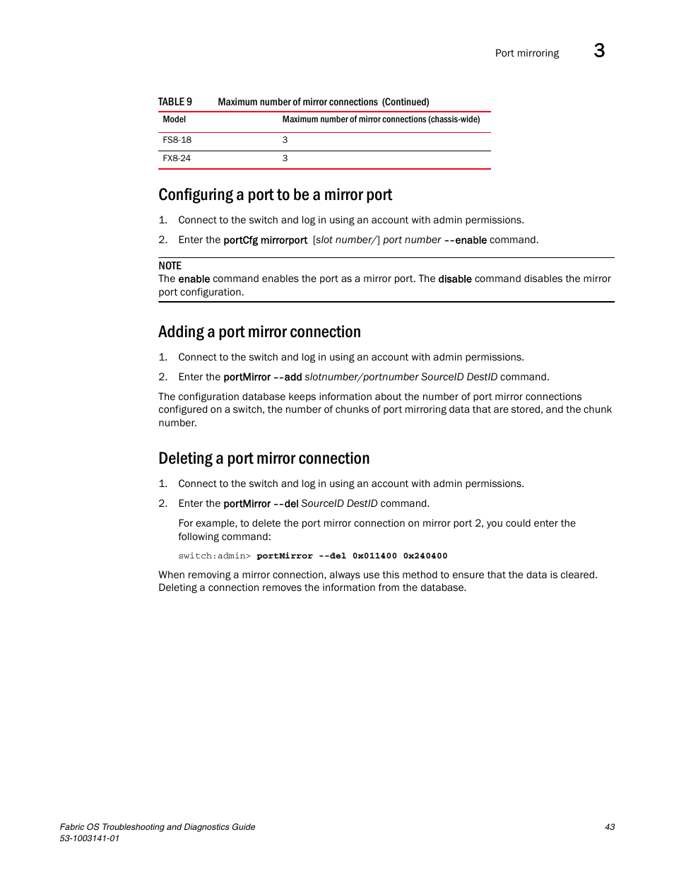 Configuring a port to be a mirror port, Adding a port mirror connection, Deleting a port mirror connection | Brocade Fabric OS Troubleshooting and Diagnostics Guide (Supporting Fabric OS v7.3.0) User Manual | Page 59 / 130