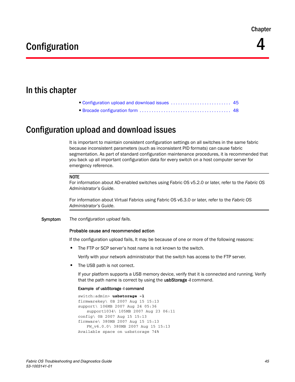 Configuration, Configuration upload and download issues, Chapter 4 | Chapter 4, “configuration, Chapter | Brocade Fabric OS Troubleshooting and Diagnostics Guide (Supporting Fabric OS v7.3.0) User Manual | Page 61 / 130