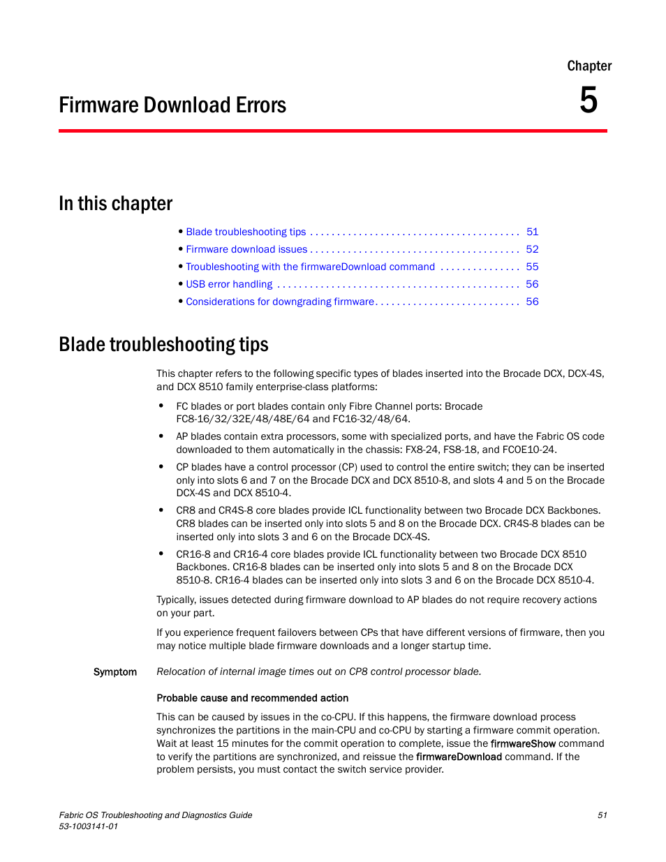 Firmware download errors, Blade troubleshooting tips, Chapter 5 | Chapter 5, “firmware download errors | Brocade Fabric OS Troubleshooting and Diagnostics Guide (Supporting Fabric OS v7.3.0) User Manual | Page 67 / 130