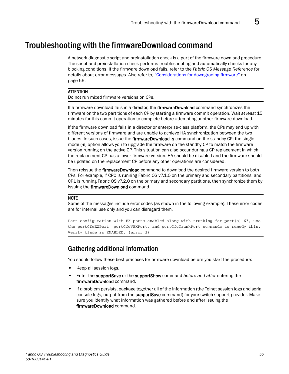 Troubleshooting with the firmwaredownload command, Gathering additional information | Brocade Fabric OS Troubleshooting and Diagnostics Guide (Supporting Fabric OS v7.3.0) User Manual | Page 71 / 130