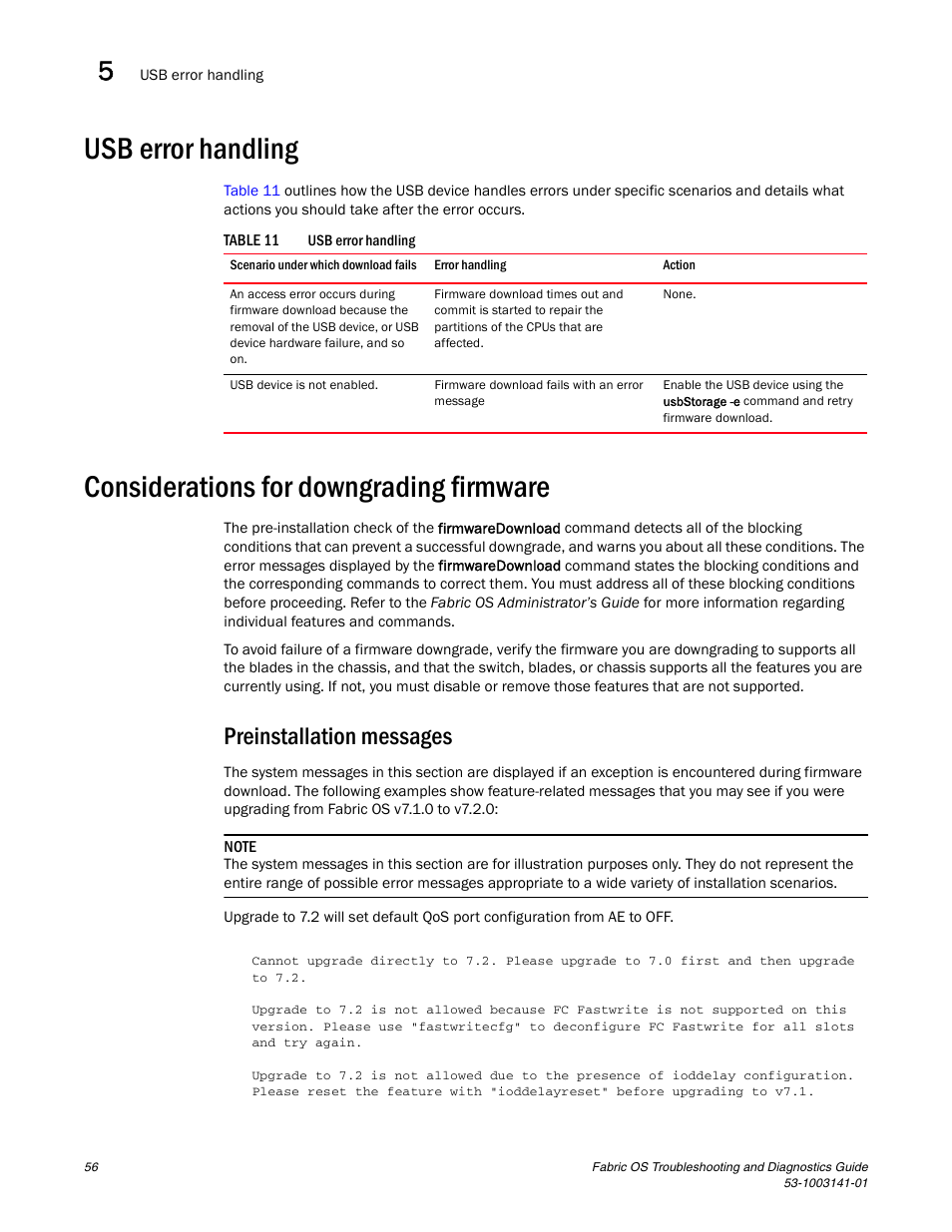 Usb error handling, Considerations for downgrading firmware, Preinstallation messages | Brocade Fabric OS Troubleshooting and Diagnostics Guide (Supporting Fabric OS v7.3.0) User Manual | Page 72 / 130