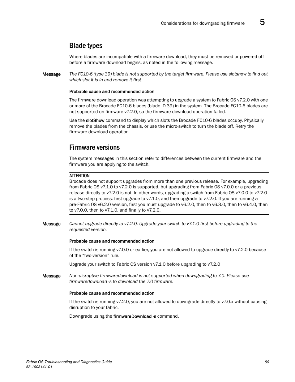 Blade types, Firmware versions | Brocade Fabric OS Troubleshooting and Diagnostics Guide (Supporting Fabric OS v7.3.0) User Manual | Page 75 / 130