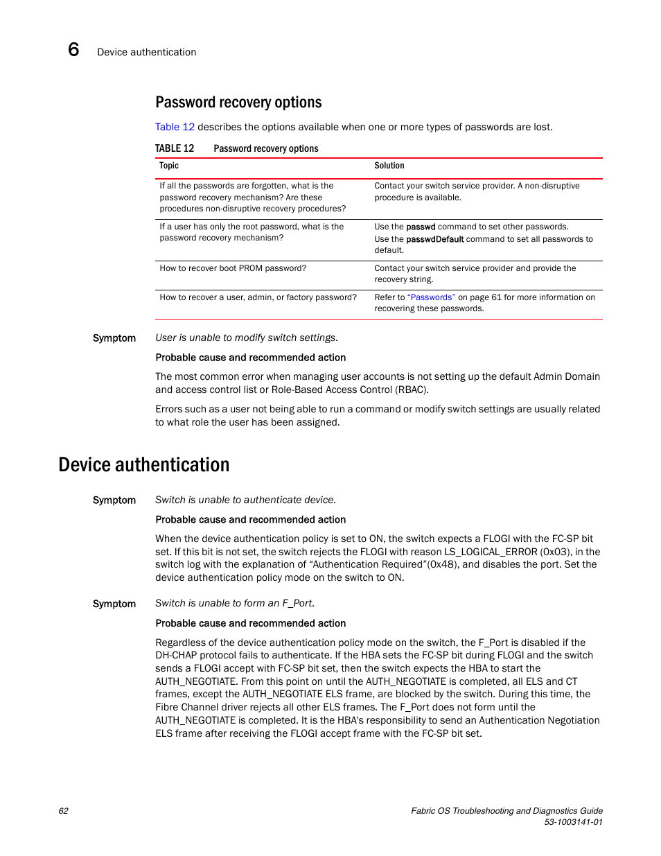 Password recovery options, Device authentication | Brocade Fabric OS Troubleshooting and Diagnostics Guide (Supporting Fabric OS v7.3.0) User Manual | Page 78 / 130