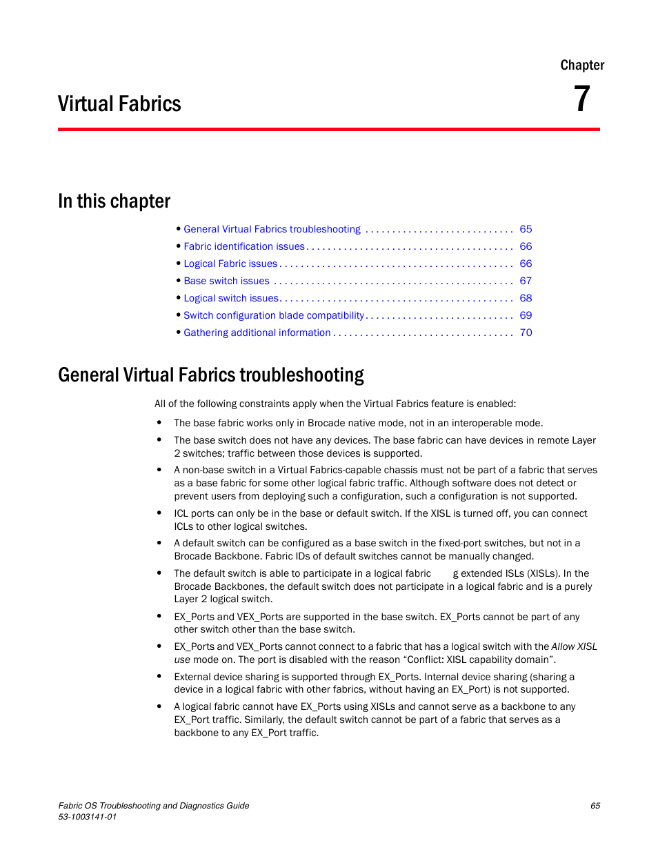 Virtual fabrics, General virtual fabrics troubleshooting, Chapter 7 | Chapter 7, “virtual fabrics | Brocade Fabric OS Troubleshooting and Diagnostics Guide (Supporting Fabric OS v7.3.0) User Manual | Page 81 / 130