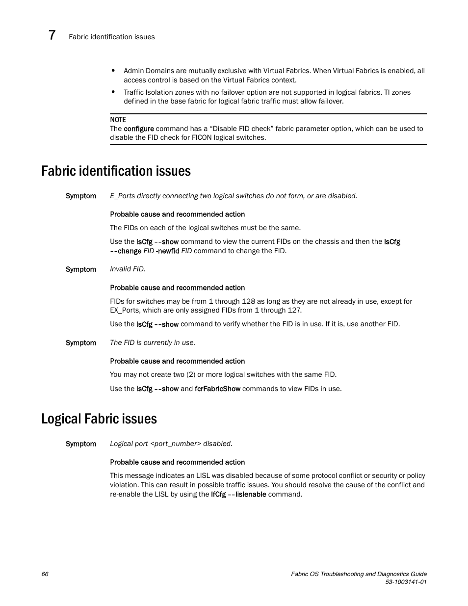 Fabric identification issues, Logical fabric issues | Brocade Fabric OS Troubleshooting and Diagnostics Guide (Supporting Fabric OS v7.3.0) User Manual | Page 82 / 130