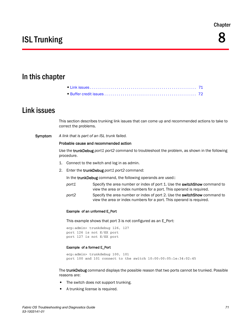 Isl trunking, Link issues, Chapter 8 | Chapter 8, “isl trunking, Chapter | Brocade Fabric OS Troubleshooting and Diagnostics Guide (Supporting Fabric OS v7.3.0) User Manual | Page 87 / 130