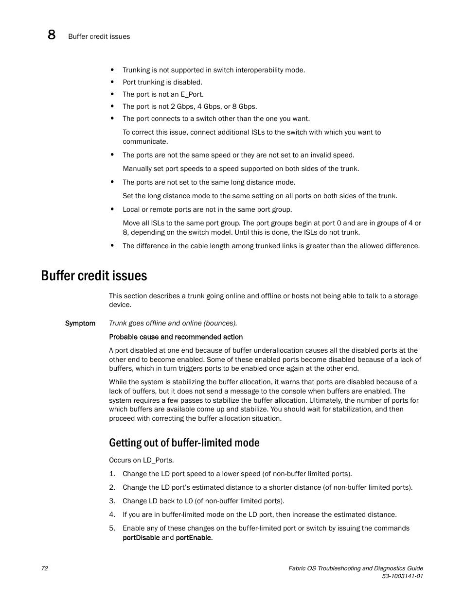 Buffer credit issues, Getting out of buffer-limited mode | Brocade Fabric OS Troubleshooting and Diagnostics Guide (Supporting Fabric OS v7.3.0) User Manual | Page 88 / 130