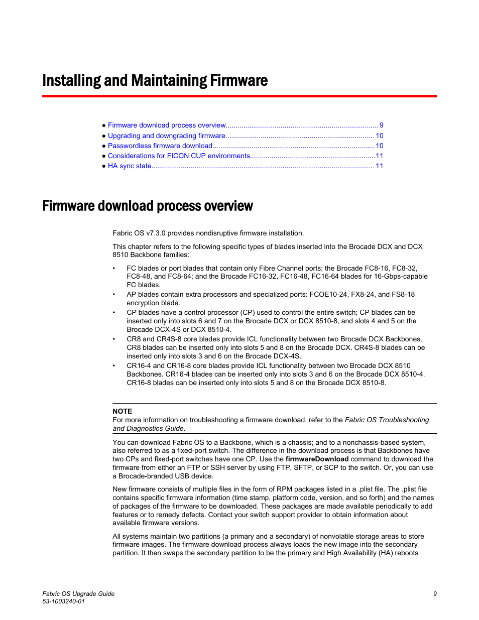 Installing and maintaining firmware, Firmware download process overview | Brocade Fabric OS Upgrade Guide (Supporting Fabric OS v7.3.0) User Manual | Page 11 / 34