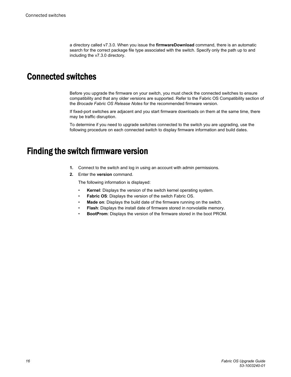 Connected switches, Finding the switch firmware version | Brocade Fabric OS Upgrade Guide (Supporting Fabric OS v7.3.0) User Manual | Page 18 / 34