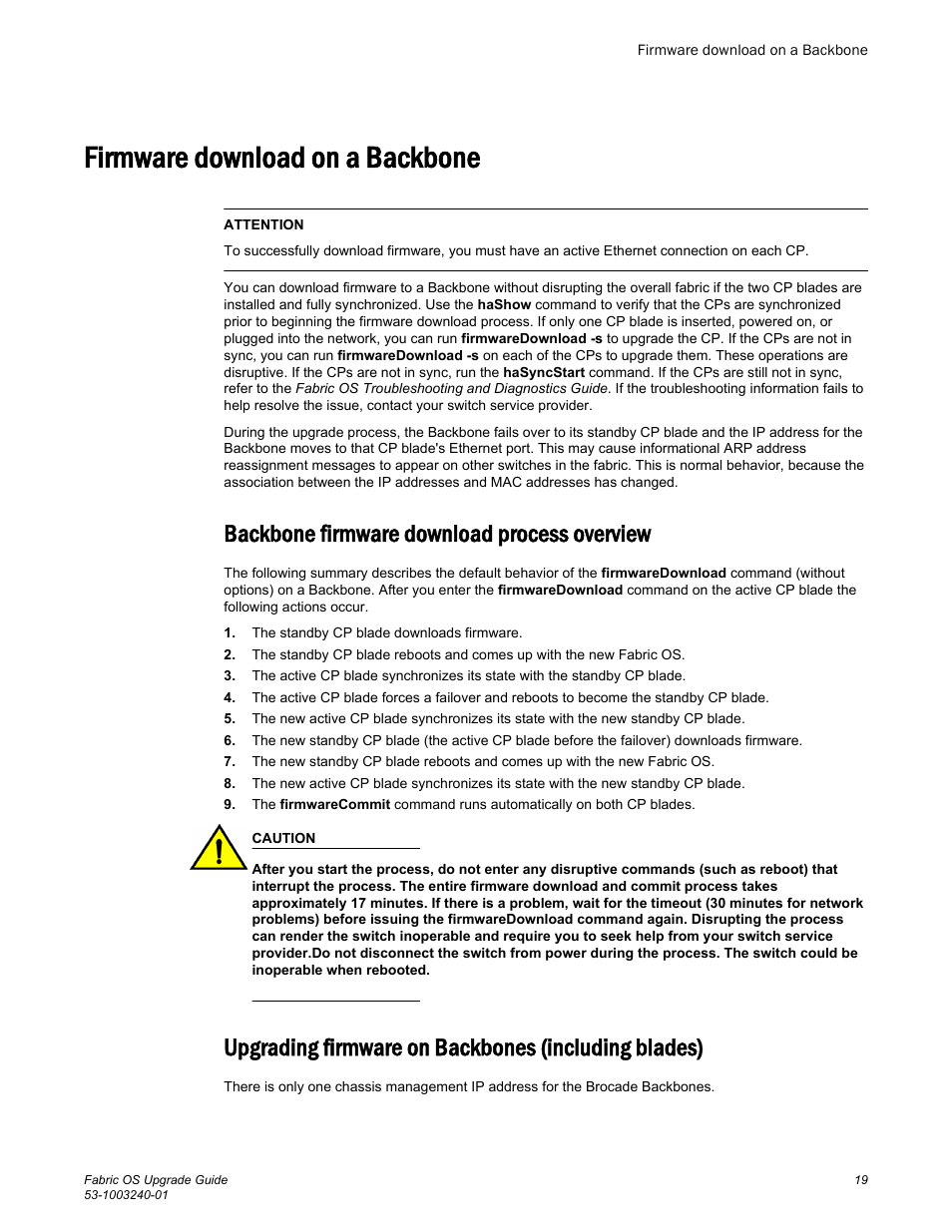 Firmware download on a backbone, Backbone firmware download process overview, Upgrading firmware on backbones (including blades) | Brocade Fabric OS Upgrade Guide (Supporting Fabric OS v7.3.0) User Manual | Page 21 / 34