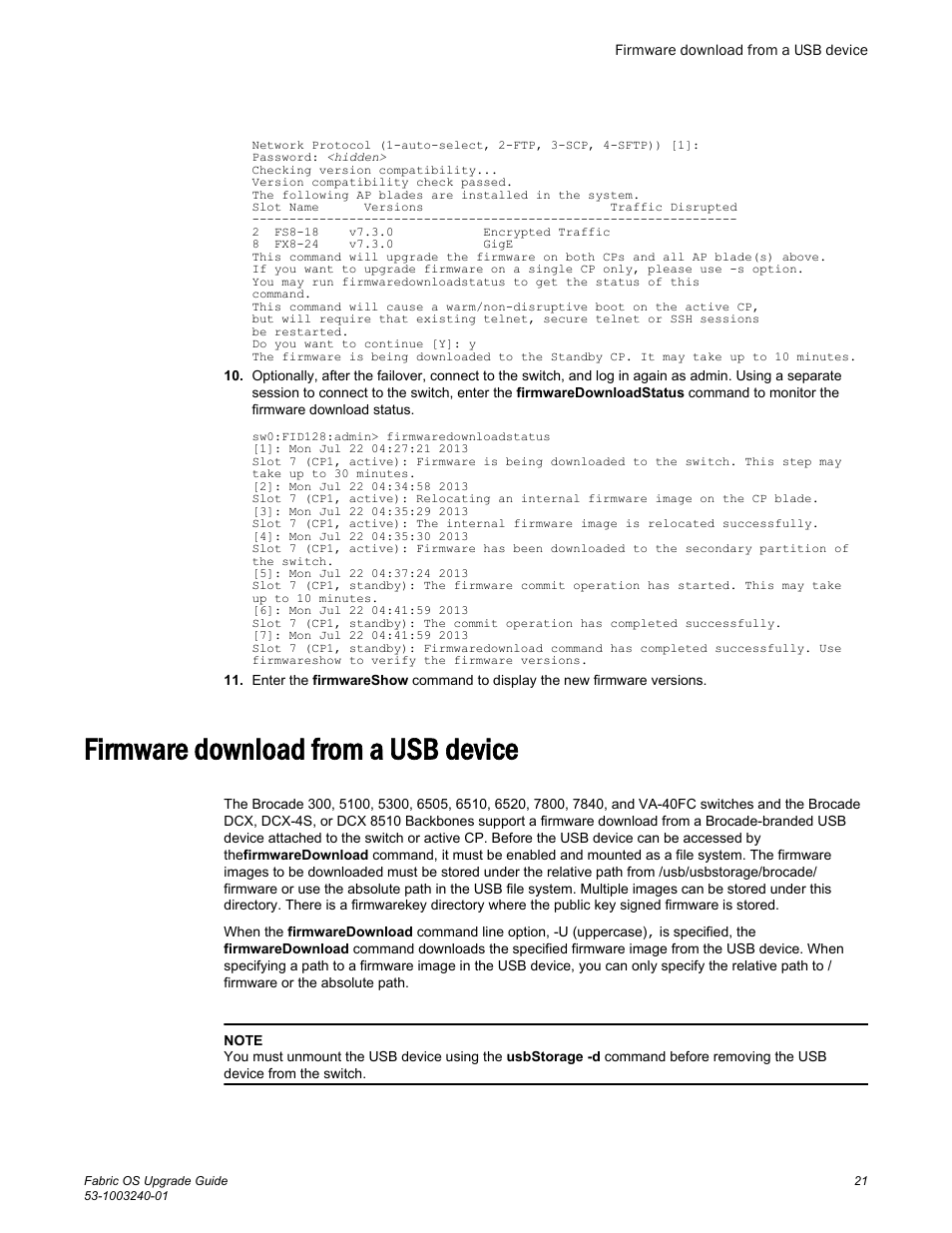 Firmware download from a usb device | Brocade Fabric OS Upgrade Guide (Supporting Fabric OS v7.3.0) User Manual | Page 23 / 34