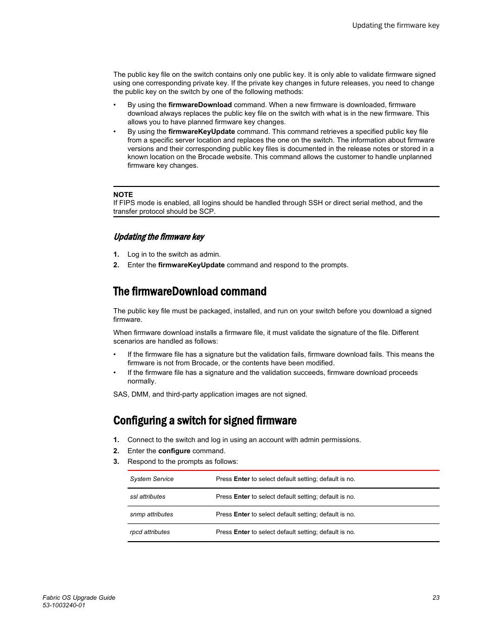 Updating the firmware key, The firmwaredownload command, Configuring a switch for signed firmware | Brocade Fabric OS Upgrade Guide (Supporting Fabric OS v7.3.0) User Manual | Page 25 / 34