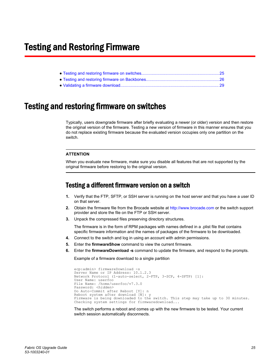 Testing and restoring firmware, Testing and restoring firmware on switches, Testing a different firmware version on a switch | Brocade Fabric OS Upgrade Guide (Supporting Fabric OS v7.3.0) User Manual | Page 27 / 34