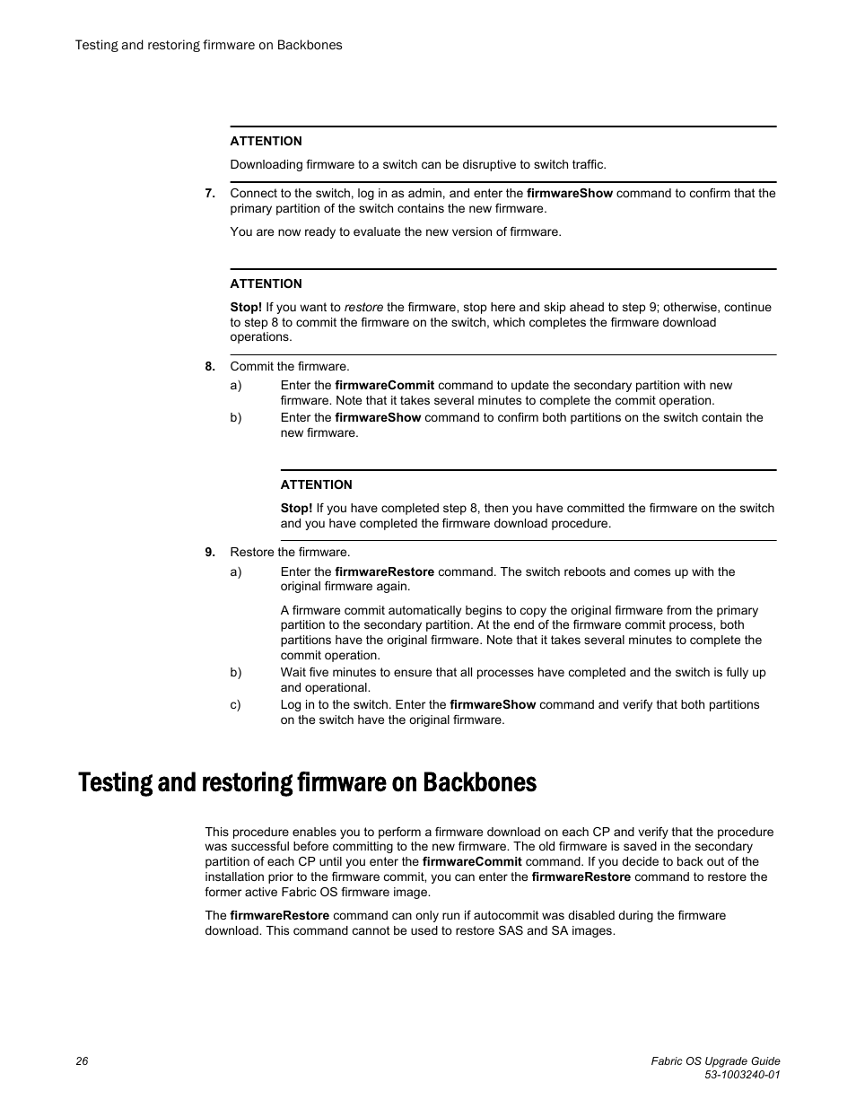 Testing and restoring firmware on backbones, Testing, And restoring firmware on backbones | Brocade Fabric OS Upgrade Guide (Supporting Fabric OS v7.3.0) User Manual | Page 28 / 34