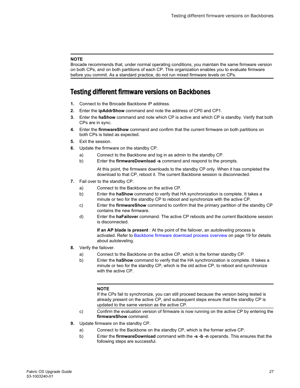 Testing different firmware versions on backbones | Brocade Fabric OS Upgrade Guide (Supporting Fabric OS v7.3.0) User Manual | Page 29 / 34