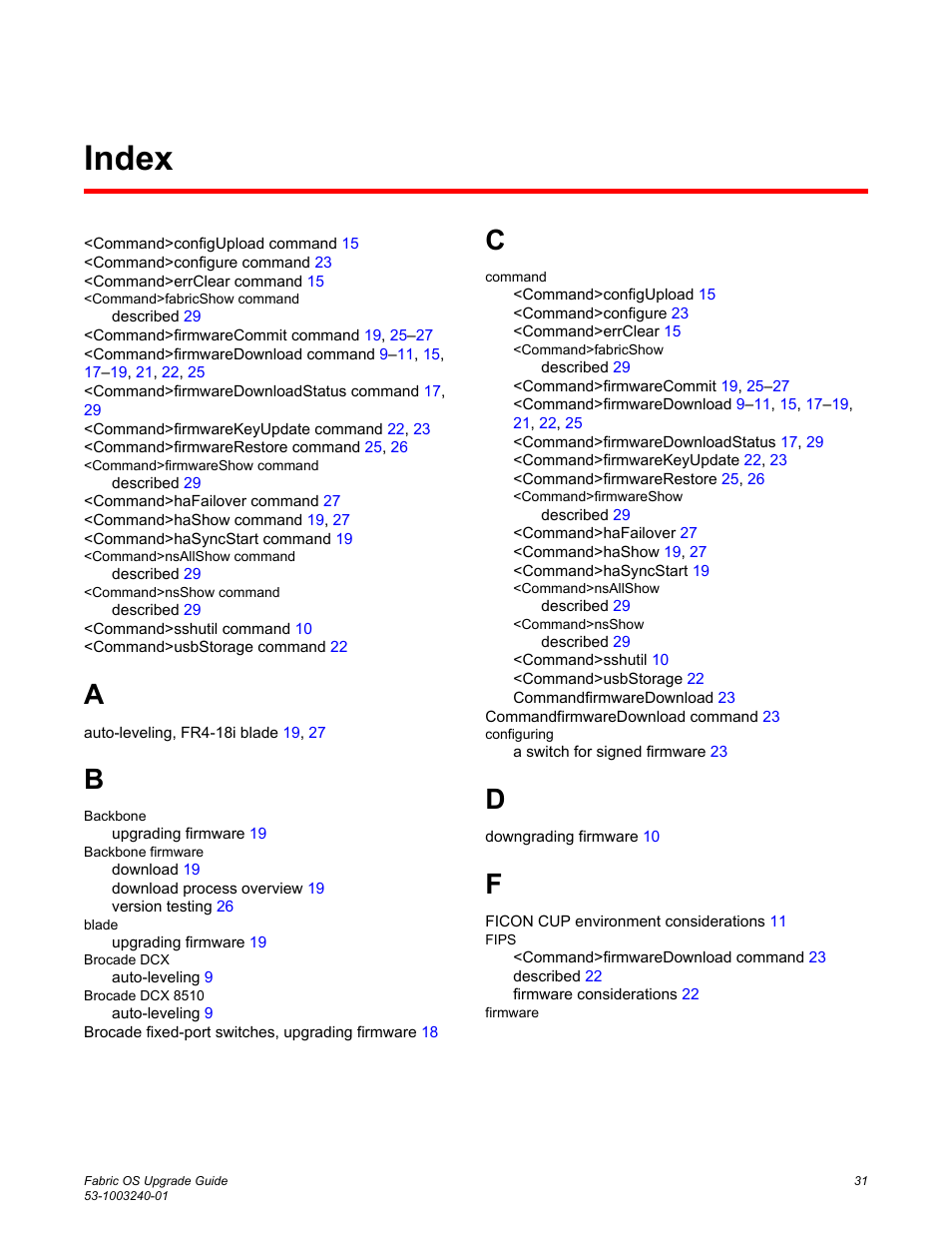 Index | Brocade Fabric OS Upgrade Guide (Supporting Fabric OS v7.3.0) User Manual | Page 33 / 34
