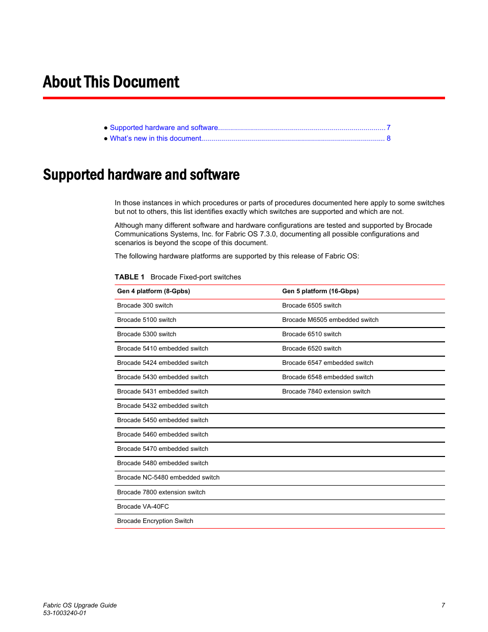 About this document, Supported hardware and software | Brocade Fabric OS Upgrade Guide (Supporting Fabric OS v7.3.0) User Manual | Page 9 / 34