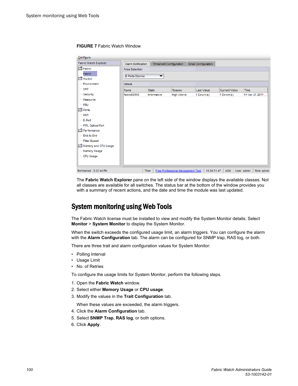 System monitoring using web tools | Brocade Fabric Watch Administrators Guide (Supporting Fabric OS v7.3.0) User Manual | Page 100 / 116