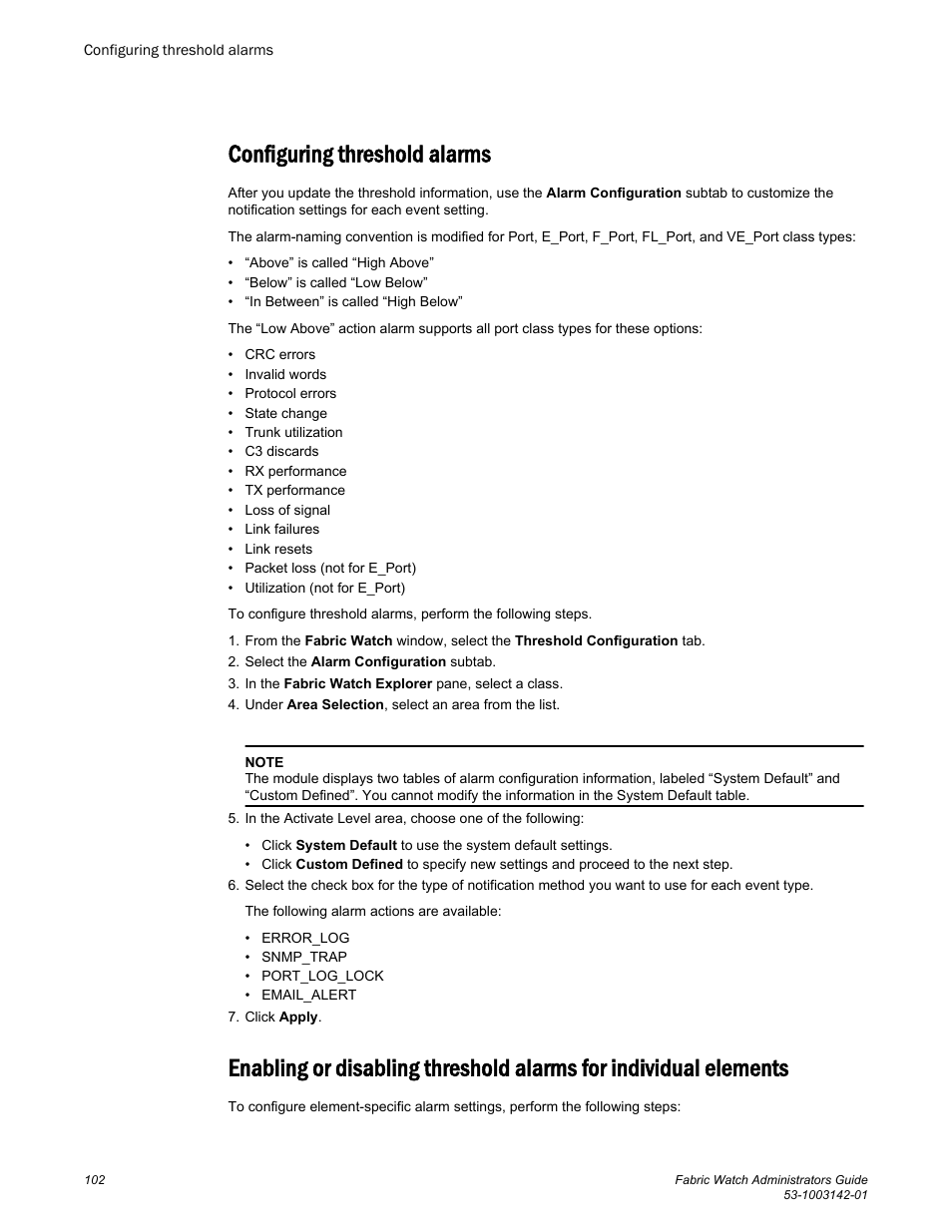 Configuring threshold alarms | Brocade Fabric Watch Administrators Guide (Supporting Fabric OS v7.3.0) User Manual | Page 102 / 116