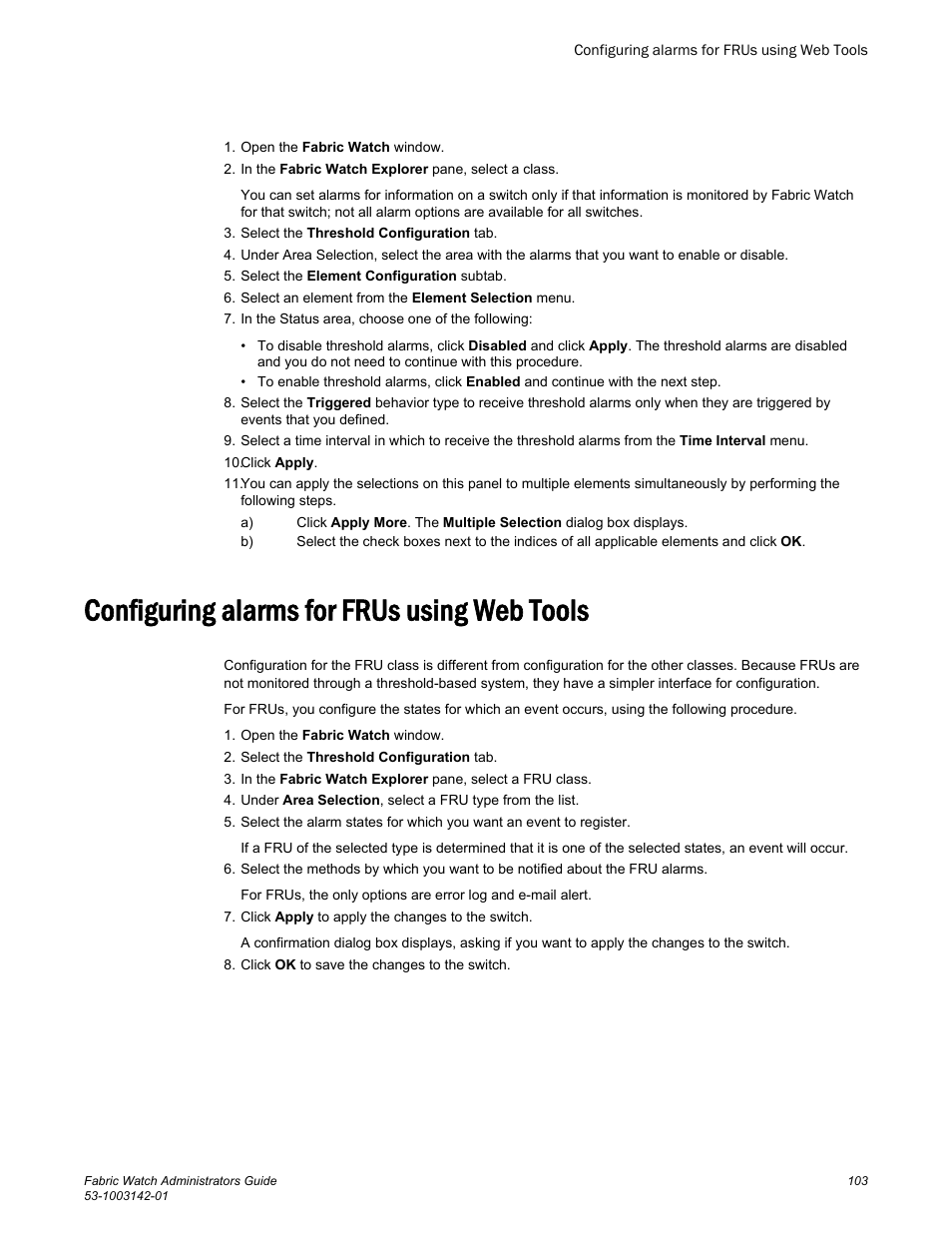 Configuring alarms for frus using web tools | Brocade Fabric Watch Administrators Guide (Supporting Fabric OS v7.3.0) User Manual | Page 103 / 116