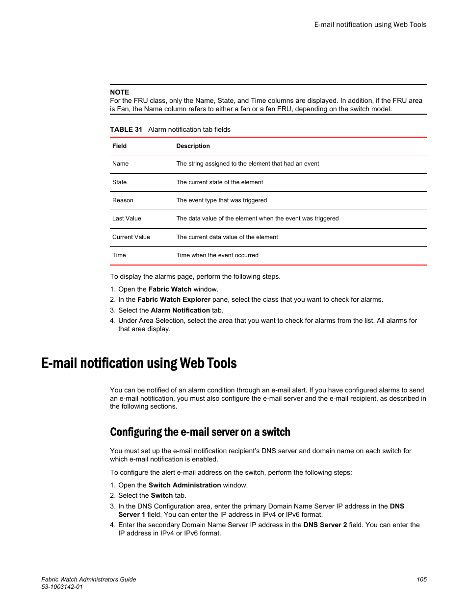 E-mail notification using web tools, Configuring the e-mail server on a switch | Brocade Fabric Watch Administrators Guide (Supporting Fabric OS v7.3.0) User Manual | Page 105 / 116