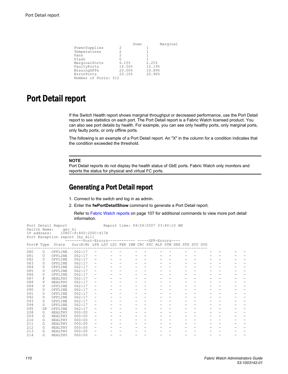 Port detail report, Generating a port detail report | Brocade Fabric Watch Administrators Guide (Supporting Fabric OS v7.3.0) User Manual | Page 110 / 116