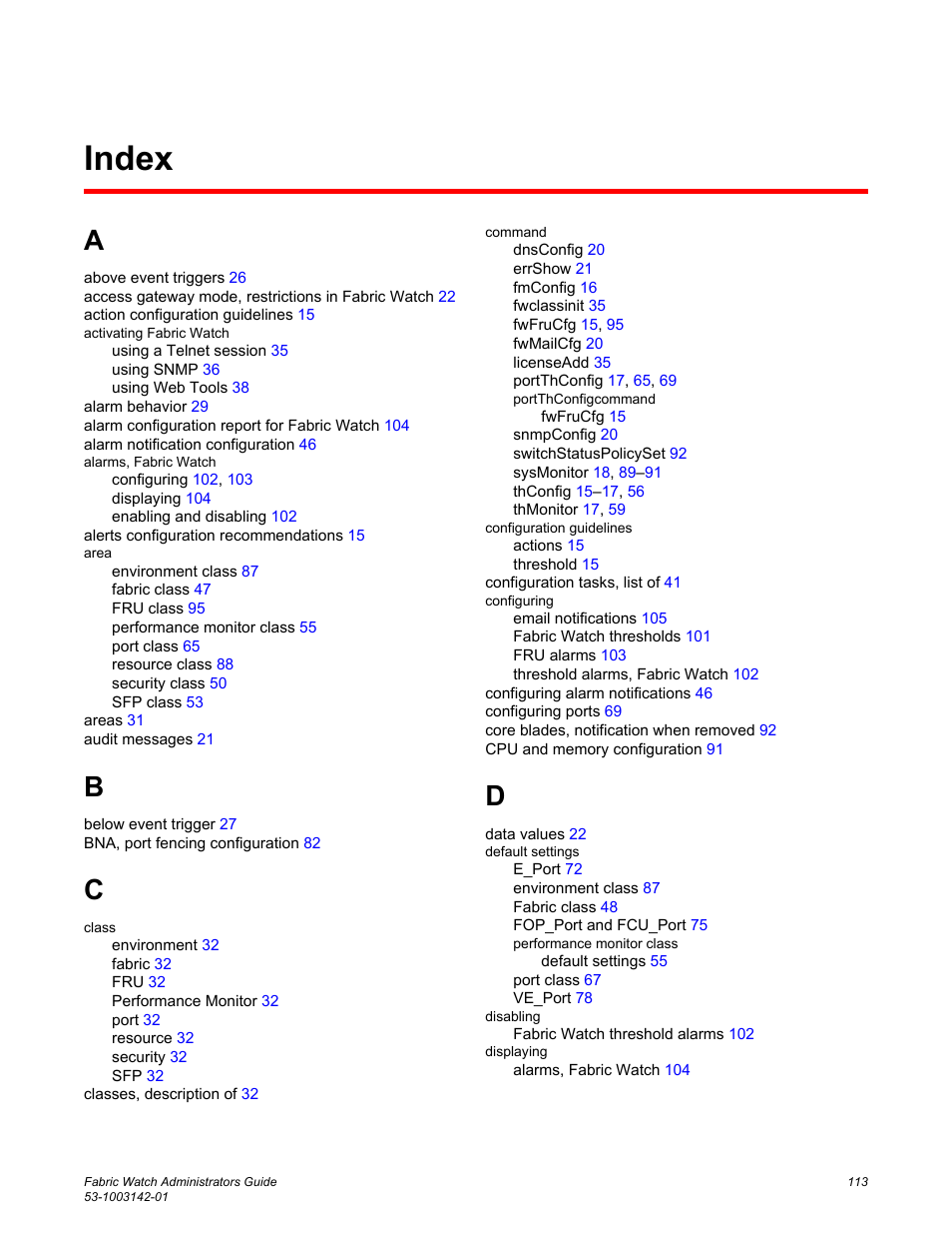 Index | Brocade Fabric Watch Administrators Guide (Supporting Fabric OS v7.3.0) User Manual | Page 113 / 116