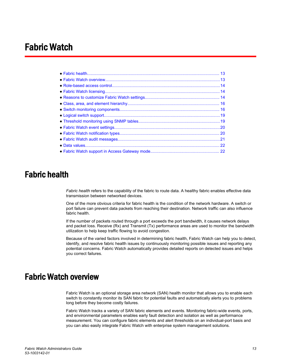 Fabric watch, Fabric health, Fabric watch overview | Fabric health fabric watch overview | Brocade Fabric Watch Administrators Guide (Supporting Fabric OS v7.3.0) User Manual | Page 13 / 116