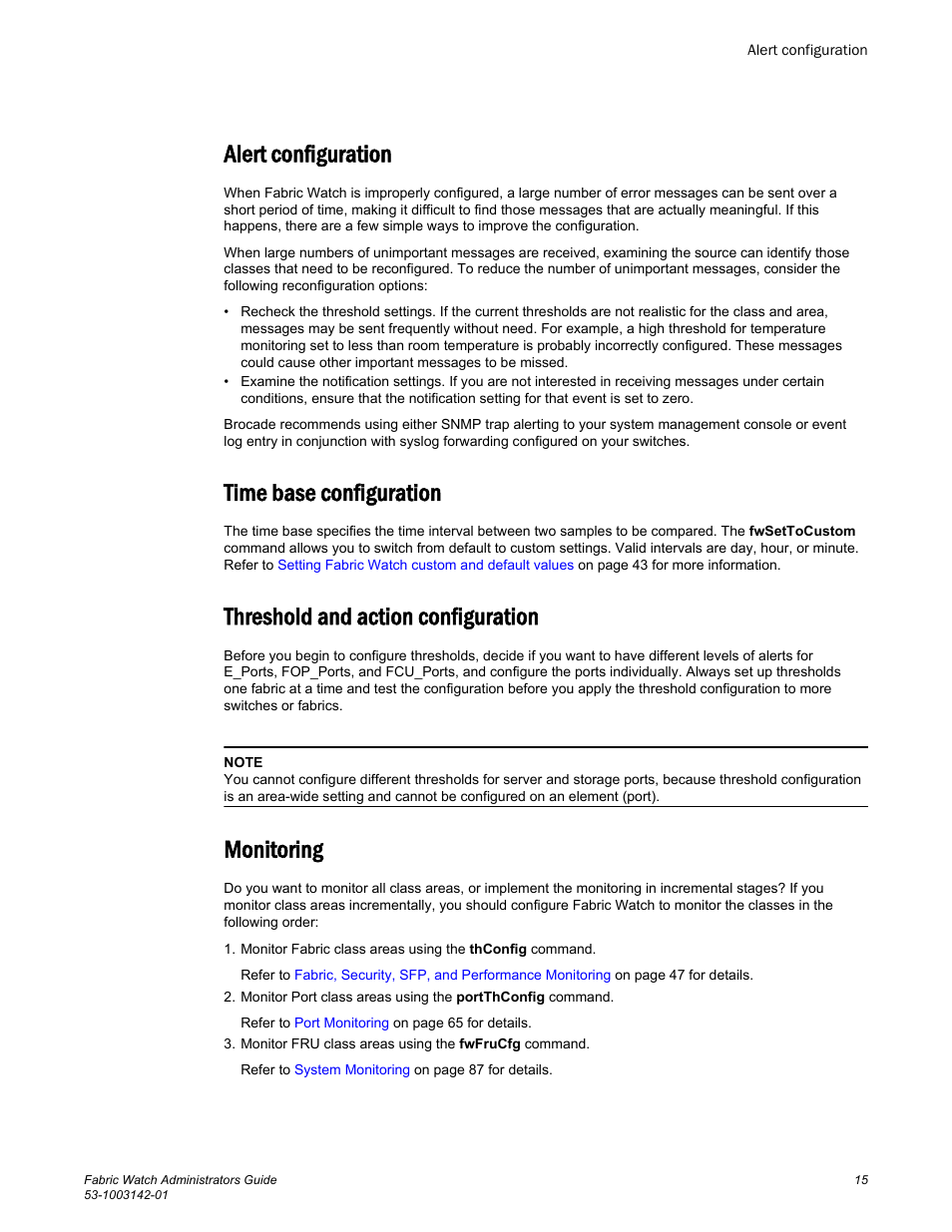 Alert configuration, Time base configuration, Threshold and action configuration | Monitoring | Brocade Fabric Watch Administrators Guide (Supporting Fabric OS v7.3.0) User Manual | Page 15 / 116