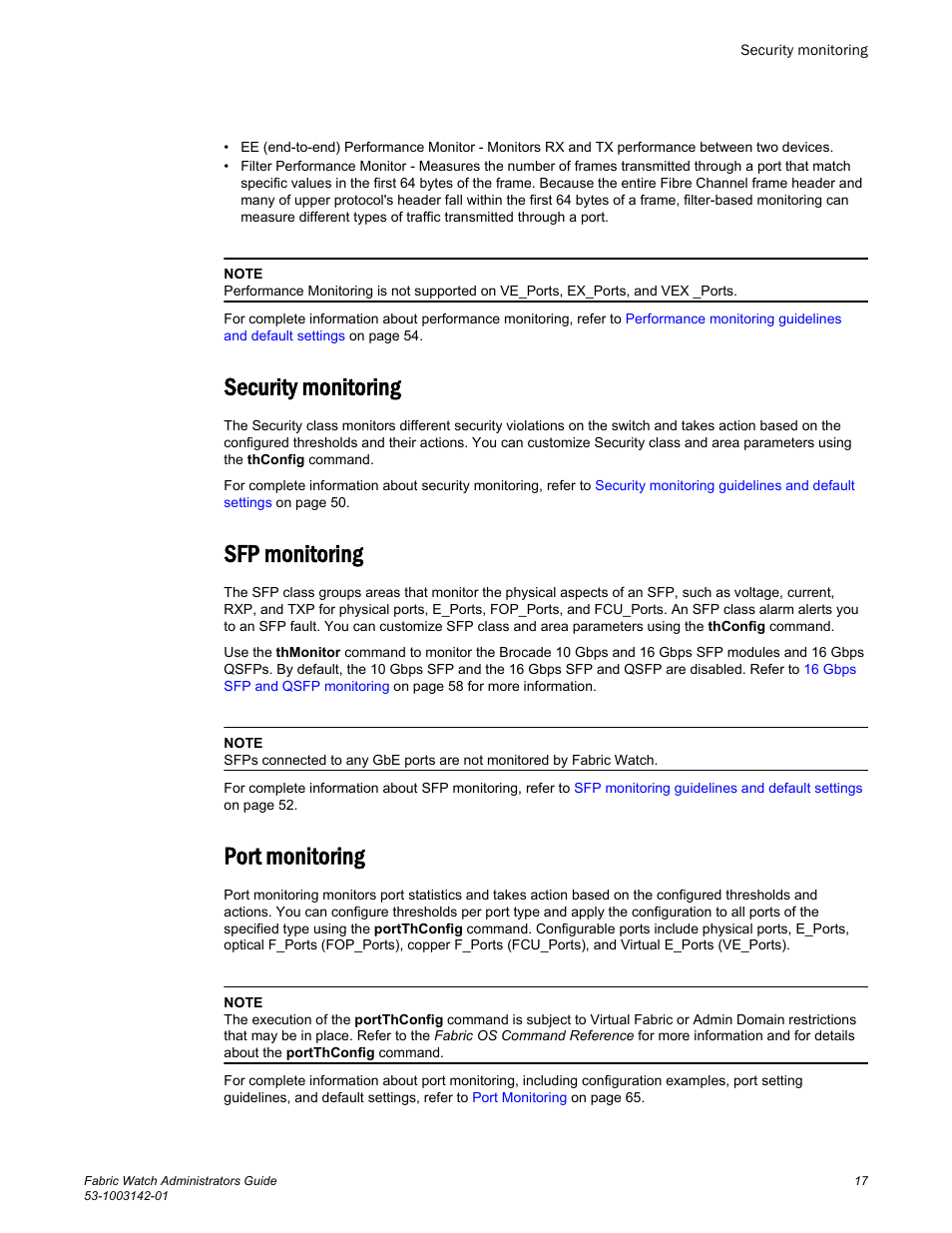 Security monitoring, Sfp monitoring, Port monitoring | Security monitoring sfp monitoring port monitoring | Brocade Fabric Watch Administrators Guide (Supporting Fabric OS v7.3.0) User Manual | Page 17 / 116