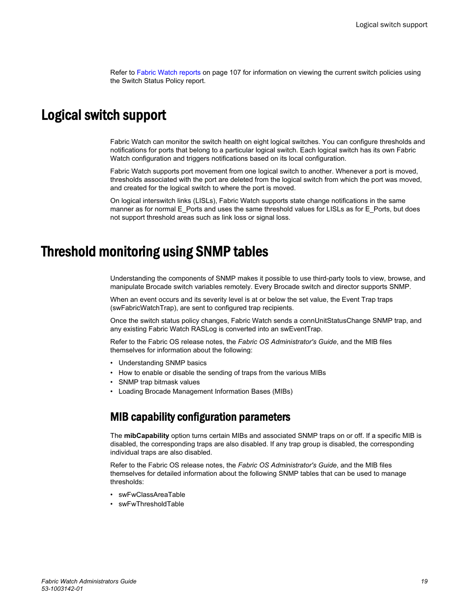 Logical switch support, Threshold monitoring using snmp tables, Mib capability configuration parameters | Brocade Fabric Watch Administrators Guide (Supporting Fabric OS v7.3.0) User Manual | Page 19 / 116