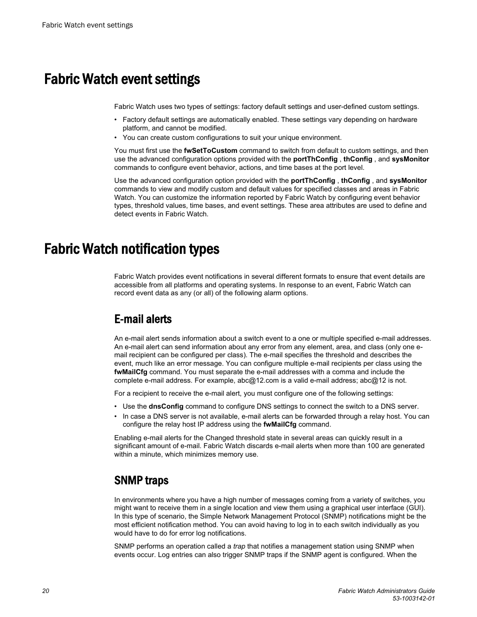 Fabric watch event settings, Fabric watch notification types, E-mail alerts | Snmp traps, E-mail alerts snmp traps | Brocade Fabric Watch Administrators Guide (Supporting Fabric OS v7.3.0) User Manual | Page 20 / 116