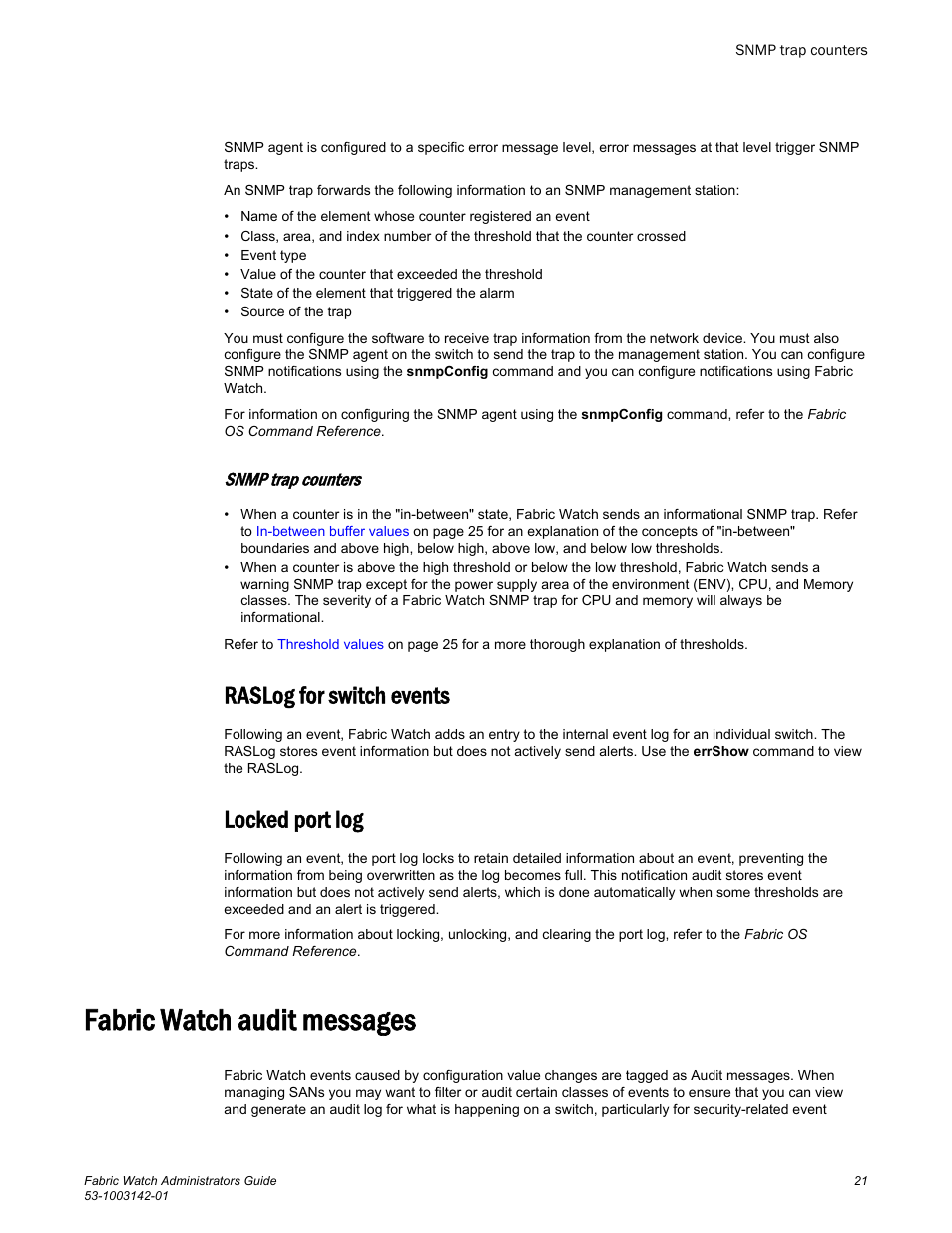 Snmp trap counters, Raslog for switch events, Locked port log | Fabric watch audit messages, Raslog for switch events locked port log | Brocade Fabric Watch Administrators Guide (Supporting Fabric OS v7.3.0) User Manual | Page 21 / 116