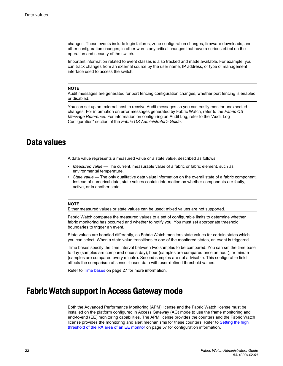 Data values, Fabric watch support in access gateway mode | Brocade Fabric Watch Administrators Guide (Supporting Fabric OS v7.3.0) User Manual | Page 22 / 116