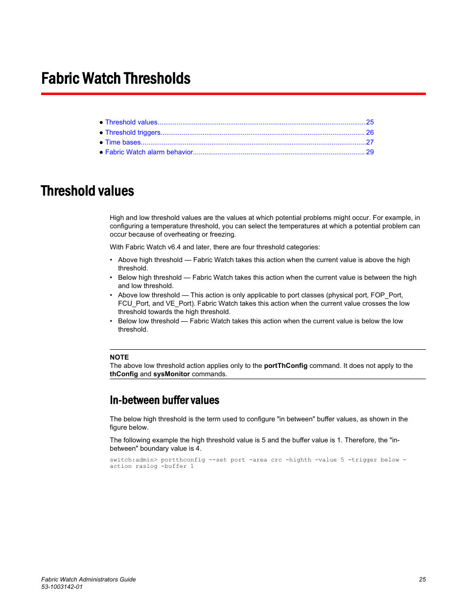 Fabric watch thresholds, Threshold values, In-between buffer values | Refer to | Brocade Fabric Watch Administrators Guide (Supporting Fabric OS v7.3.0) User Manual | Page 25 / 116