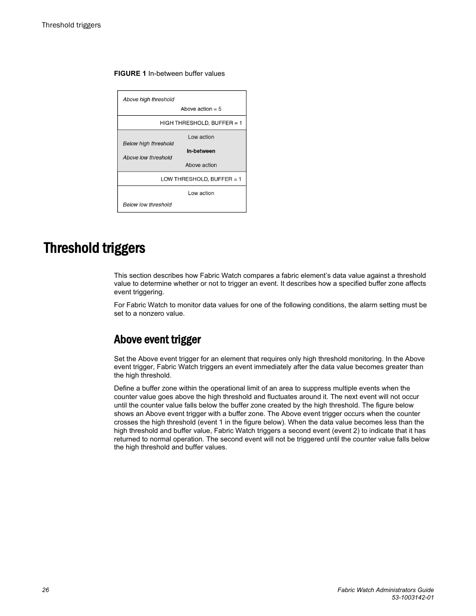 Threshold triggers, Above event trigger | Brocade Fabric Watch Administrators Guide (Supporting Fabric OS v7.3.0) User Manual | Page 26 / 116