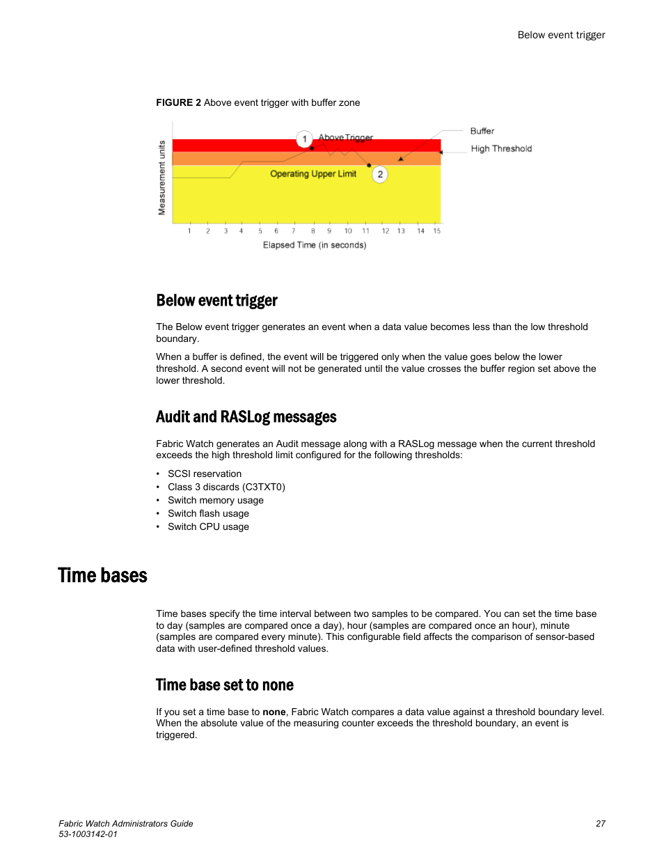 Below event trigger, Audit and raslog messages, Time bases | Time base set to none, Below event trigger audit and raslog messages, Refer to | Brocade Fabric Watch Administrators Guide (Supporting Fabric OS v7.3.0) User Manual | Page 27 / 116