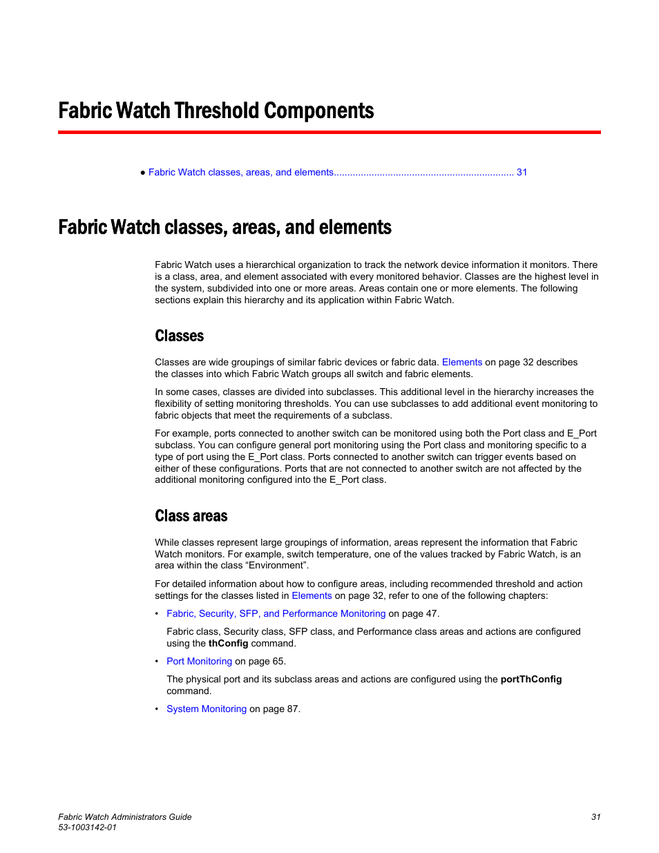 Fabric watch threshold components, Fabric watch classes, areas, and elements, Classes | Class areas, Classes class areas | Brocade Fabric Watch Administrators Guide (Supporting Fabric OS v7.3.0) User Manual | Page 31 / 116