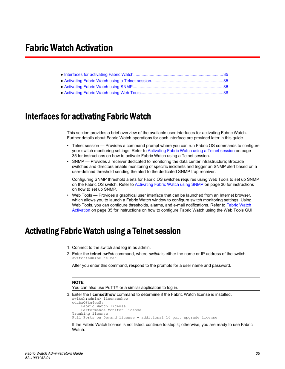 Fabric watch activation, Interfaces for activating fabric watch, Activating fabric watch using a telnet session | Brocade Fabric Watch Administrators Guide (Supporting Fabric OS v7.3.0) User Manual | Page 35 / 116